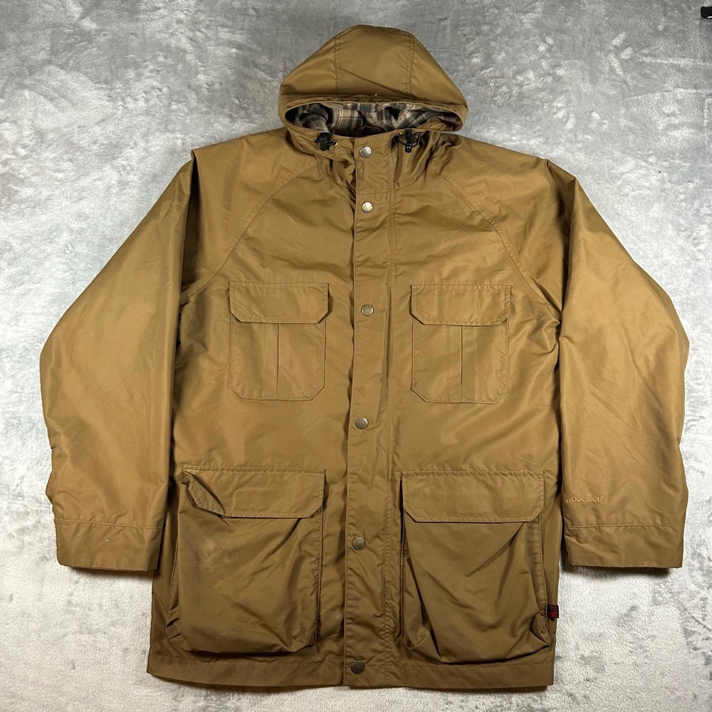 Woolrich Mens Mountain Parka Jacket Tan Brown Plaid Lined Hooded Size M